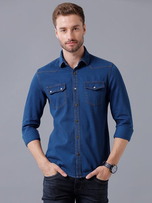 navy-blue solid casual shirt - 18275967 - Very Small Image - 1
