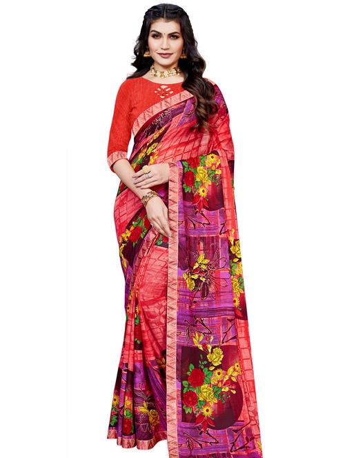 women's floral pink colored saree with blouse - 18276008 - Very Small Image - 1