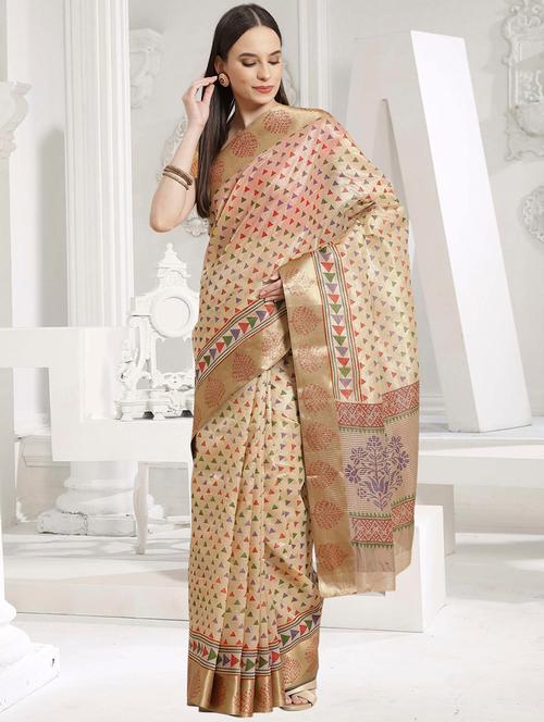 Beige Tussar Silk Saree With Blouse - 18278602 - Very Small Image - 1