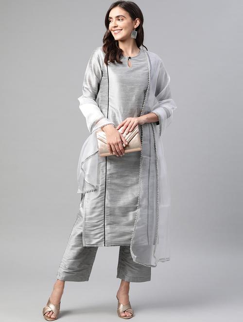 Grey Art Silk Kurta Pant Set - 18278729 - Very Small Image - 1