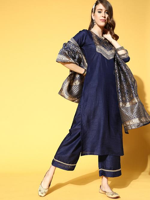 navy synthetic kurta palazzo  set - 18279112 - Very Small Image - 1