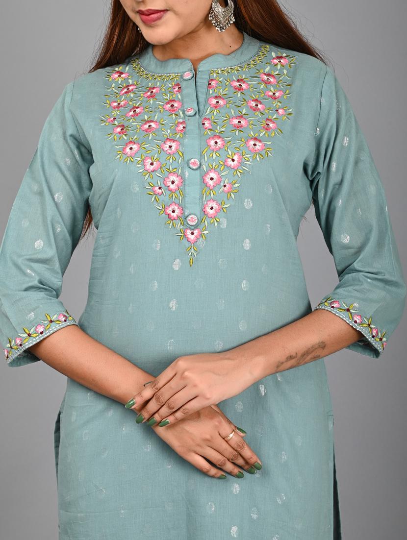 grey cotton blend kurta legging set - 18280799 - Zoom Image - 3