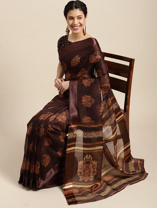 women's printed coffee brown colored saree - 18281921 - Very Small Image - 1