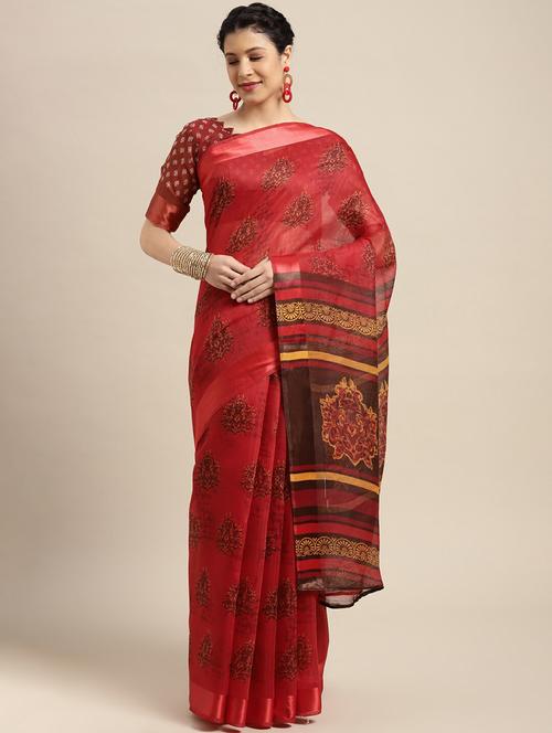 women's block print maroon colored saree - 18281922 - Very Small Image - 1