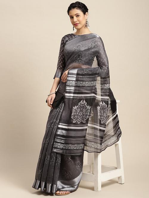 grey cotton blend printed saree - 18281923 - Very Small Image - 1