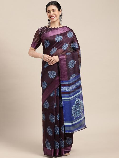 burgundy cotton blend printed saree with blouse - 18281925 - Very Small Image - 1