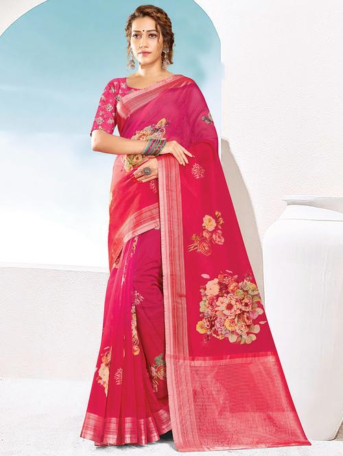 women's floral pink colored saree with blouse - 18282553 - Very Small Image - 1