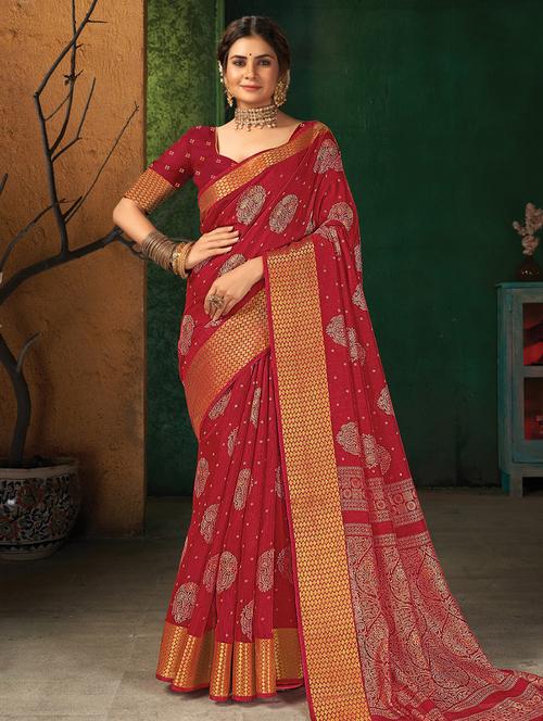 red cotton saree with blouse - 18282596 - Very Small Image - 1