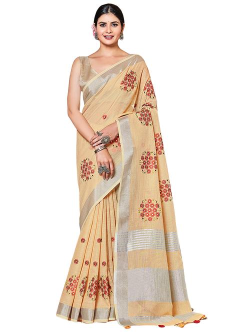 beige linen saree with blouse - 18282891 - Very Small Image - 1