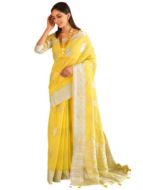 yellow linen saree with blouse - 18282916 - Very Small Image - 1