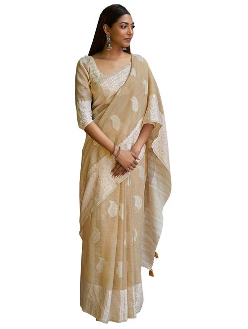 cream linen saree with blouse - 18282954 - Very Small Image - 1