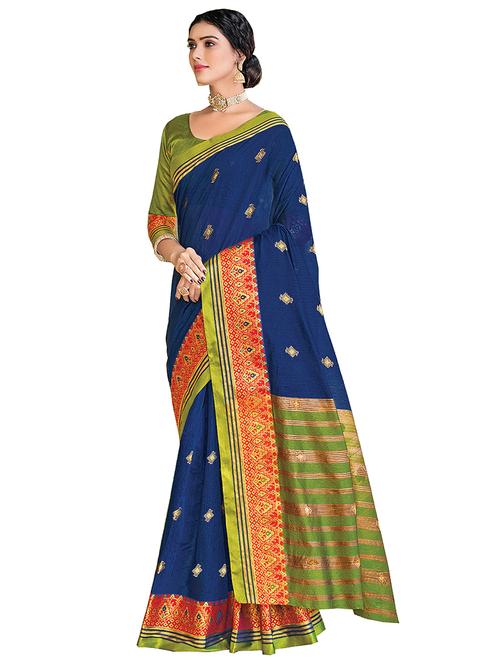 women's self design navy blue colored saree with blouse - 18282960 - Very Small Image - 1