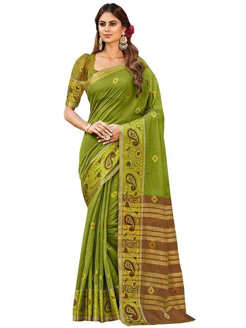 Women's Stripes Lime Colored Saree With Blouse - 18283009 - Very Small Image - 1