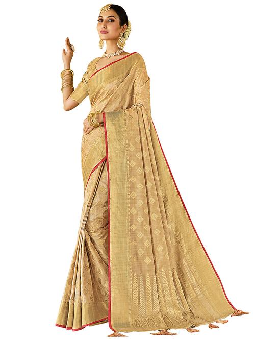 women's self design cream colored saree with blouse - 18283033 - Very Small Image - 1