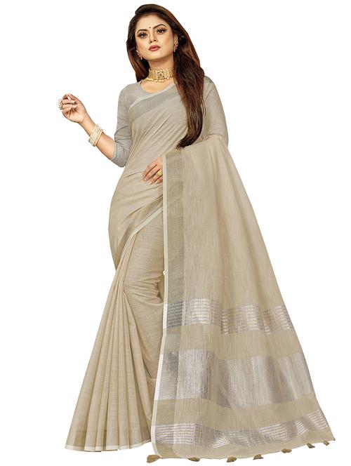 women's bordered beige colored saree with blouse - 18283088 - Very Small Image - 1