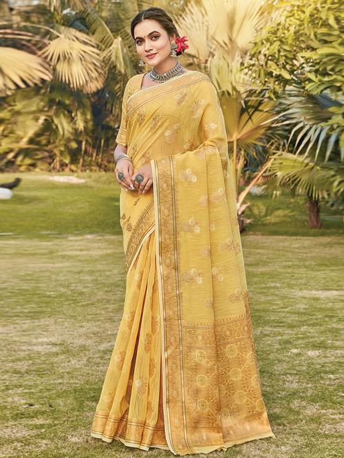 women's self design yellow colored saree with blouse - 18283103 - Very Small Image - 1