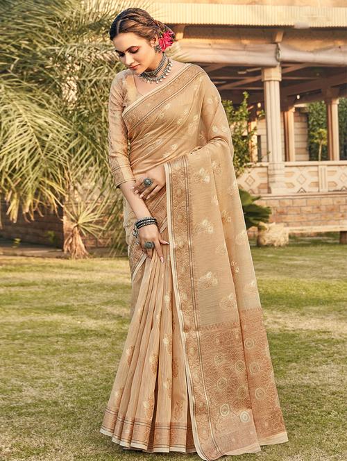 beige cotton saree with blouse - 18283106 - Very Small Image - 1