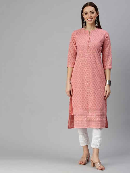 peach chikankari straight kurta - 18284958 - Very Small Image - 1