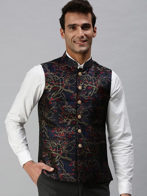 navy blue printed nehru jacket - 18285454 - Very Small Image - 1