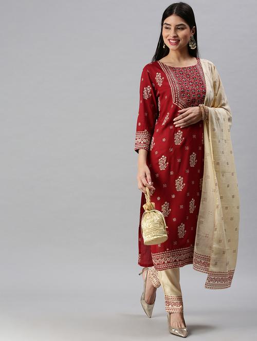 Red Cotton Blend Kurta Dupatta Set - 18285552 - Very Small Image - 1