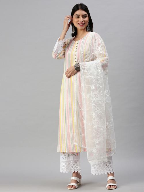 Multi Colored Cotton Blend Kurta Dupatta Set - 18285572 - Very Small Image - 1
