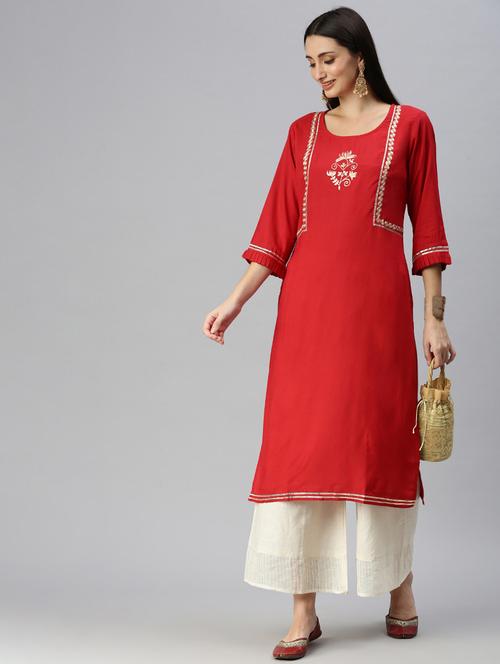 women red zari work round neck kurta palazzo set - 18285583 - Very Small Image - 1