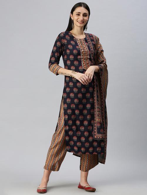 women navy blue printed kurta pant set with dupatta - 18285588 - Very Small Image - 1