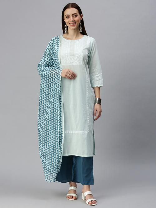 Blue Cotton Blend Kurta Dupatta Set - 18285629 - Very Small Image - 1