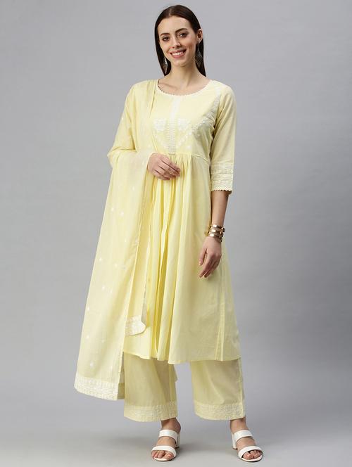 Yellow Cotton Blend Kurta Dupatta Set - 18285633 - Very Small Image - 1