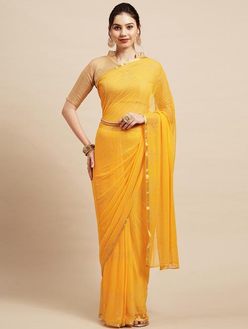 yellow chiffon plain saree with blouse - 18286127 - Very Small Image - 1