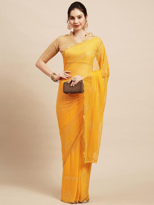 yellow chiffon plain saree with blouse - 18286130 - Very Small Image - 1