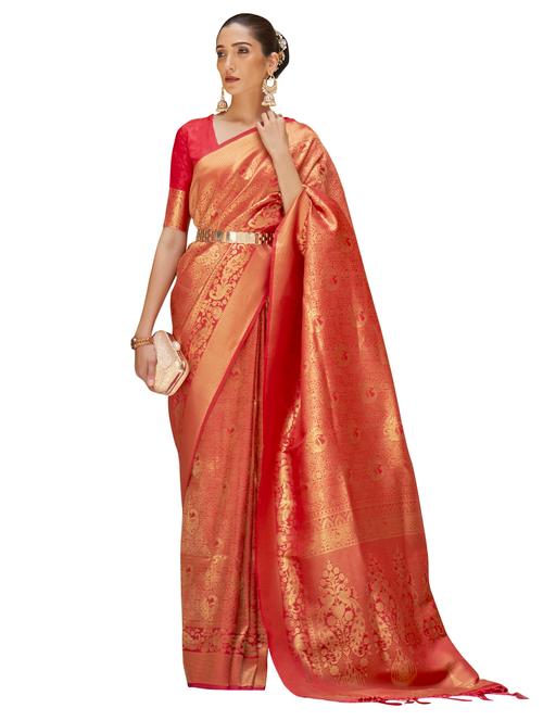 red silk blend banarasi saree with blouse - 18286167 - Very Small Image - 1