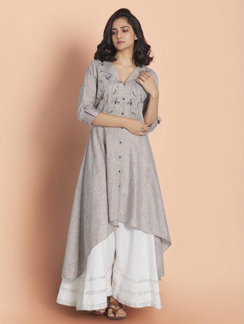 grey solid asymmetric kurta - 18287089 - Very Small Image - 1