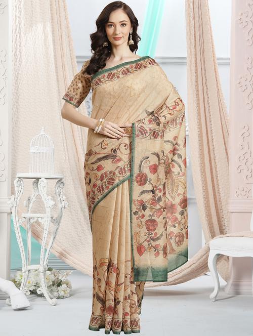 beige chanderi printed saree with blouse - 18287454 - Very Small Image - 1