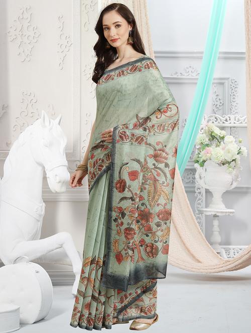 Green Chanderi Printed Saree With Blouse - 18287455 - Very Small Image - 1