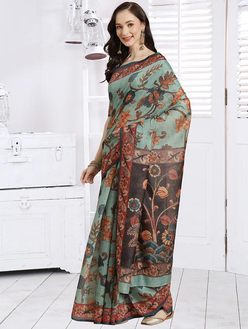 green chanderi printed saree with blouse - 18287461 - Very Small Image - 1
