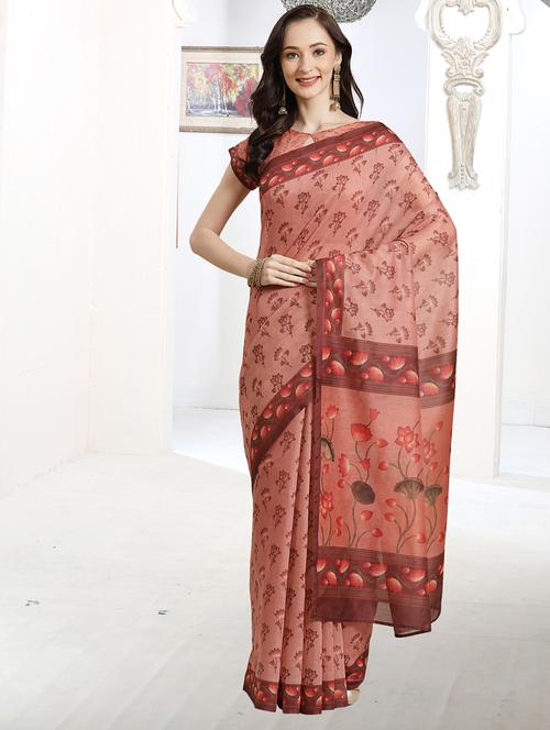 peach chanderi printed saree with blouse - 18287472 - Very Small Image - 1