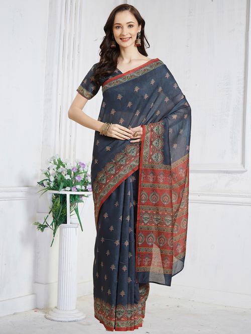 Navy Chanderi Printed Saree With Blouse - 18287488 - Very Small Image - 1