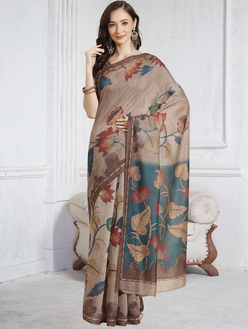 Beige Chanderi Printed Saree With Blouse - 18287490 - Very Small Image - 1