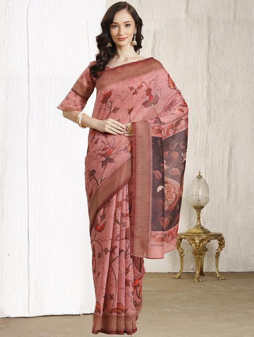 pink chanderi printed saree with blouse - 18287497 - Very Small Image - 1
