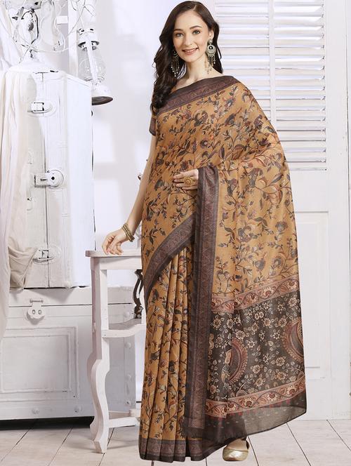 Gold Chanderi Printed Saree With Blouse - 18287500 - Very Small Image - 1