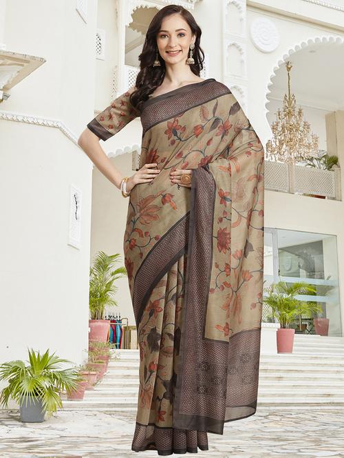 Mehandi Chanderi Printed Saree With Blouse - 18287506 - Very Small Image - 1