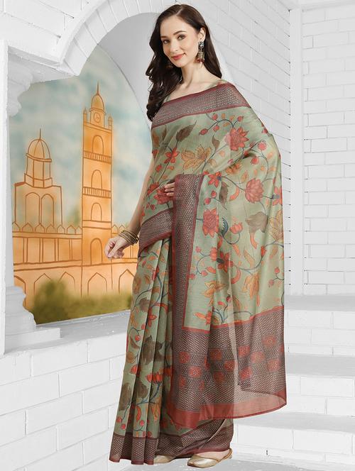 green chanderi printed saree with blouse - 18287509 - Very Small Image - 1
