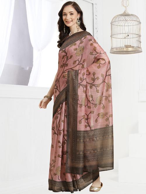 pink chanderi printed saree with blouse - 18287511 - Very Small Image - 1