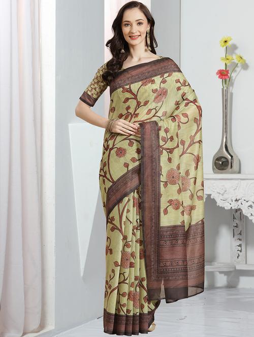 green chanderi printed saree with blouse - 18287513 - Very Small Image - 1
