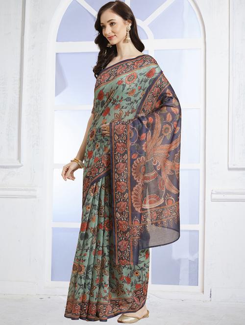 green chanderi printed saree with blouse - 18287515 - Very Small Image - 1