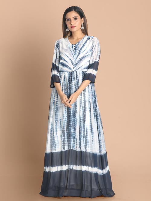 blue printed flared ethnic dress - 18287618 - Very Small Image - 1