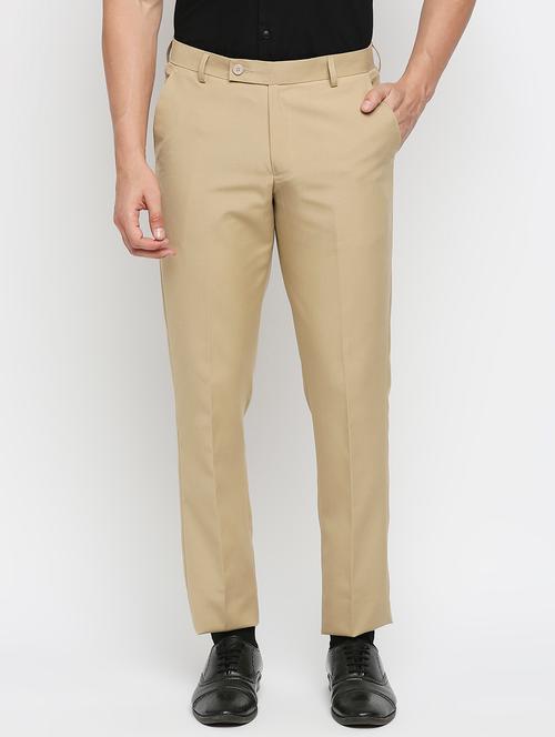beige solid flat front trousers formal trouser - 18287631 - Very Small Image - 1