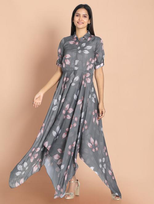 grey printed flared ethnic dress - 18287765 - Very Small Image - 1