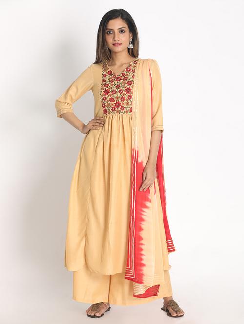 Beige Kurta Palazzo Dupatta Set - 18287793 - Very Small Image - 1